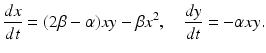 
 $$ \frac{dx}{dt}=(2\beta-\alpha)xy-\beta x^2, \quad \frac{dy}{dt}=-\alpha xy. $$
