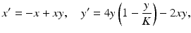 
 $$ x'=-x+xy,\quad y'=4y\left(1-\frac{y}{K} \right)-2xy, $$
