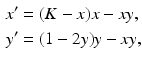 
 $$\begin{aligned} x^{\prime } &=(K-x)x-xy, \\ y^{\prime } &=(1-2y)y-xy, \end{aligned}$$
