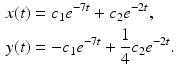 $$\begin{aligned} x(t) &=c_{1}e^{-7t}+c_{2}e^{-2t}, \\ y(t) &=-c_{1}e^{-7t}+\frac{1}{4}c_{2}e^{-2t}. \end{aligned}$$