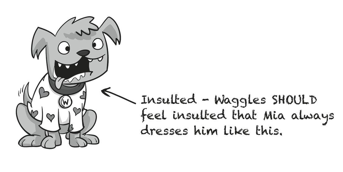 Insulted - Waggles SHOULD feel insulted that Mia always dresses him like this.