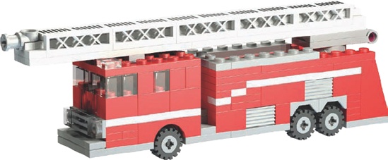 A fire truck with stripes made from plates