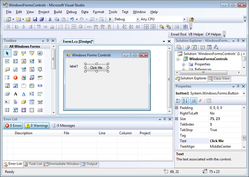 Visual Studio lets you add Windows Forms controls to a form interactively.