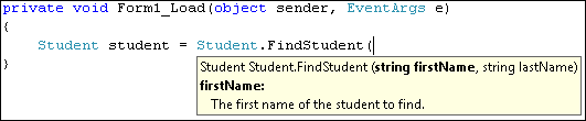 IntelliSense describes parameters by displaying the text in param XML comments.