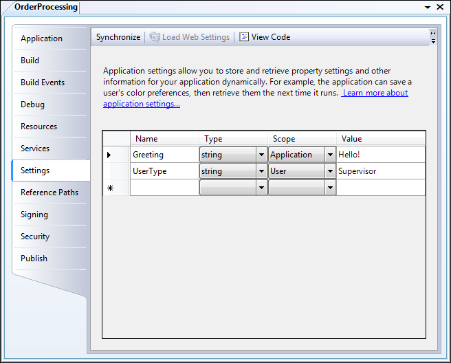 The project’s Settings tab lets you add values to the application’s config file.