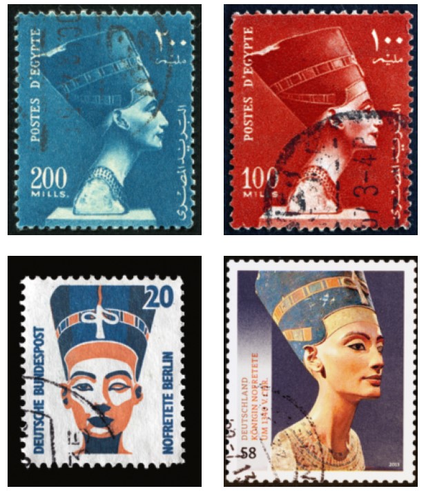 Tafel 15: Briefmarken aus Ägypten (1953) und Deutschland (1989, 2013). Die Marken unterstreichen die Bedeutung der Nofretete-Büste für das jeweilige nationale Selbstverständnis.