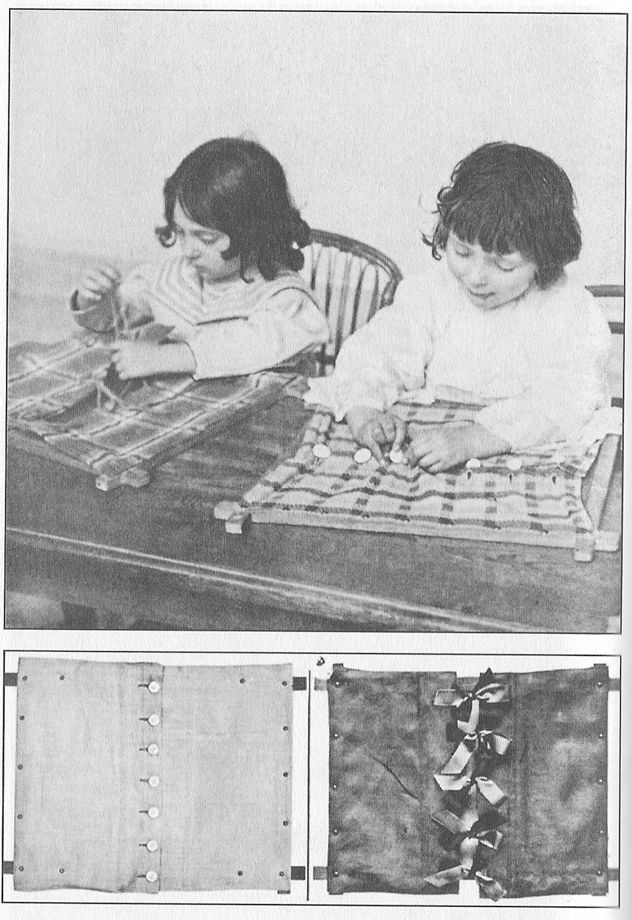 (A) CHILDREN THREE AND ONE-HALF AND FOUR YEARS OLD LEARNING TO BUTTON AND LACE. (B) RIBBON AND BUTTON FRAMES. These are among the earliest exercises.