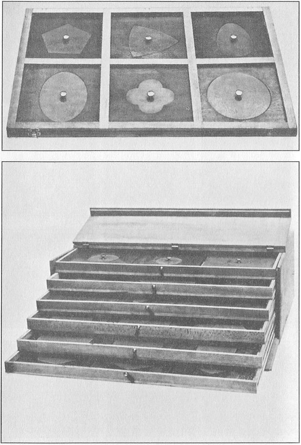 (A) GEOMETRIC INSETS OF WOOD, AND FRAME. The frame furnishes the control necessary for exactness of work. (B) CABINET. (For storing geometric inset frames.)