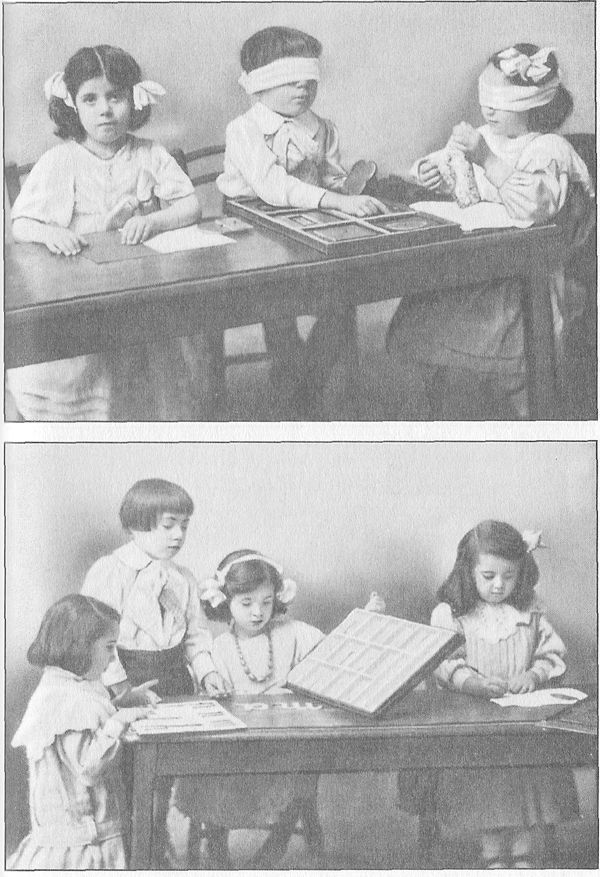 (A) TRAINING THE SENSE OF TOUCH. Learning the difference between rough and smooth by running fingers alternately over sandpaper and smooth cardboard; distinguishing different shapes by fitting geometric insets into place; distinguishing textures. (B) LEARNING TO WRITE AND READ BY TOUCH. The child at the left is tracing sandpaper letters and learning to know them by touch. The boy and girl are making words out of cardboard letters.