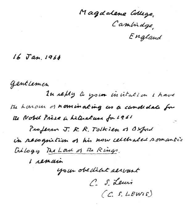 14.2 C. S. Lewis's unpublished letter of 16 January 1961, nominating J. R. R. Tolkien for the 1961 Nobel Prize in Literature. Copyright (c) C. S. Lewis Pte. Ltd.