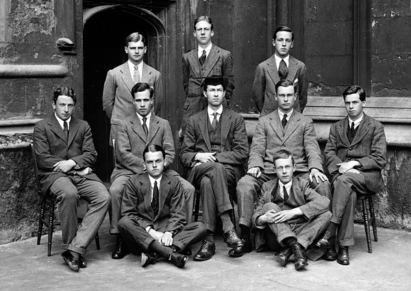 3.1 The undergraduates of University College, Trinity Term 1917. Lewis is standing on the right-hand side of the back row. The college don in the centre of the photograph is John Behan, Stowell Law Fellow from 1909–1918, whose contract of employment was 'continued for the emergency period.'