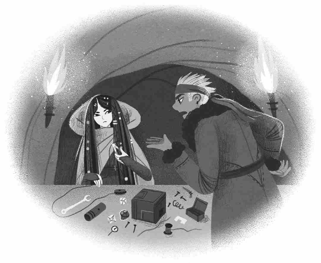 Zuli Cloud, a girl with light skin and long dark hair, scowls at Tad, a boy with light brown skin and short light hair, who is arguing with her next to a table filled with gadget parts.