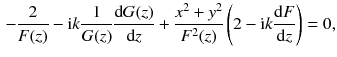 $$\begin{aligned} - \frac{2}{F (z)} - \mathrm{i}k \frac{1}{G(z)} \frac{\mathrm{d}G(z)}{\mathrm{d}z} + \frac{x^2 + y^2}{F^2 (z)} \left( 2 - \mathrm{i}k \frac{\mathrm{d}F}{\mathrm{d}z} \right) =0, \end{aligned}$$