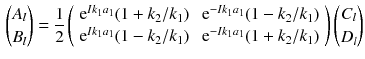 $$\begin{aligned} {A_l \atopwithdelims ()B_l} = \frac{1}{2} \left( \begin{array} {ll} \mathrm {e}^{Ik_1 a_1} (1 + k_2 / k_1) \, &{} \, \mathrm {e}^{- Ik_1 a_1} (1 - k_2 / k_1) \\ \mathrm {e}^{Ik_1 a_1} (1 - k_2 / k_1) \, &{} \, \mathrm {e}^{-Ik_1 a_1} (1 + k_2/k_1) \end{array} \right) {C_l \atopwithdelims ()D_l} \end{aligned}$$