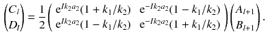 $$\begin{aligned} {C_l \atopwithdelims ()D_l} = \frac{1}{2} \left( \begin{array} {ll} \mathrm {e}^{Ik_2 a_2} (1 + k_1 / k_2) \, &{} \, \mathrm {e}^{- Ik_2 a_2} (1 - k_1 / k_2) \\ \mathrm {e}^{Ik_2 a_2} (1 - k_1 / k_2) \, &{} \, \mathrm {e}^{- Ik_2 a_2} ( 1 + k_1 / k_2) \end{array} \right) \left( {A_{l + 1}} \atop {B_{l + 1}} \right) . \end{aligned}$$