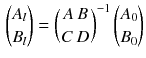 $$\begin{aligned} {A_l \atopwithdelims ()B_l} = \left( A \, B \atop C \, D \right) ^{-1} {A_0 \atopwithdelims ()B_0} \end{aligned}$$