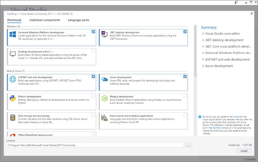 Screenshot illustration of an installation of Visual Studio Community 2017 with a window.