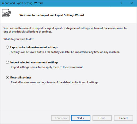 Screenshot illustration of how to run Visual Studio by selecting Tools&#10154; Import and Export Settings, and choose the Reset All Settings option.