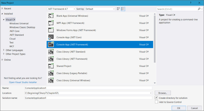 Screenshot illustration of choosing the Console Application (.NET Framework) project type in the middle pane.