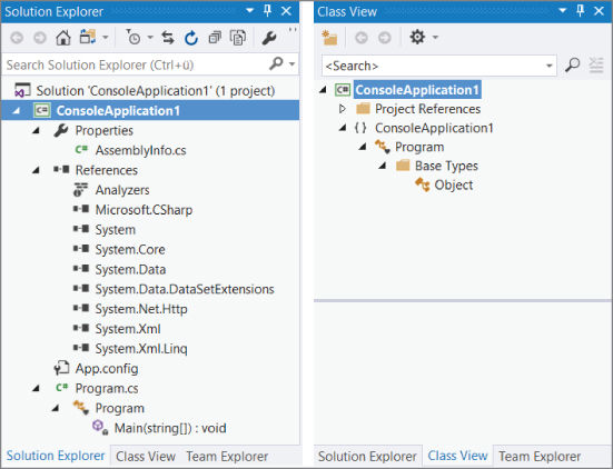 Screenshot illustration of both the Solution Explorer window and another useful window called Class View, with all nodes expanded.