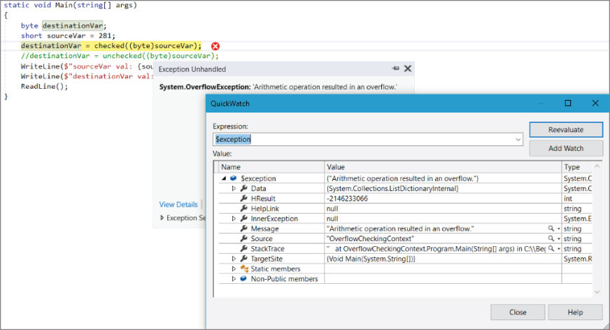 Screenshot illustration of an error message when a code is executed, as compiled in a project called &#8220;OverflowCheck.&#8221;