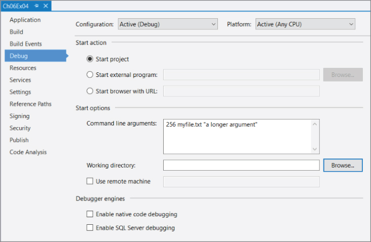 Screenshot illustration of an example where the Debug page is selected and any command-line segment is added to the Command Line Arguments setting.