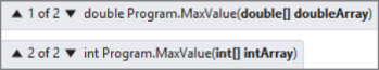 Screenshot illustration of a example where the IDE (integrated development environment) gives the information about both versions of MaxValue () when the name of the function is typed.