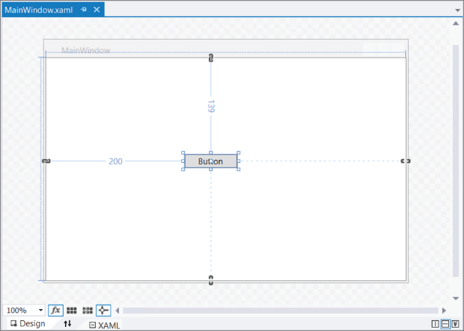 Screenshot illustration of adding a new Button control using the Toolbox, and position it in the center of MainWindow.