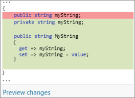 Screenshot illustration of a dialog box showing that accepting the default options modifies the code for MyClass class.