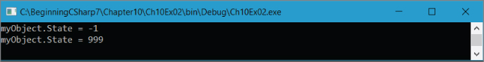 Screenshot illustration of the result of running a new console application called Ch10Ex02 and save it in the directory C:\BeginningCSharp7\Chapter10.