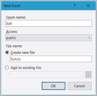 Screenshot illustration of the New Enum dialog box that has appeared for the Suit enumeration.