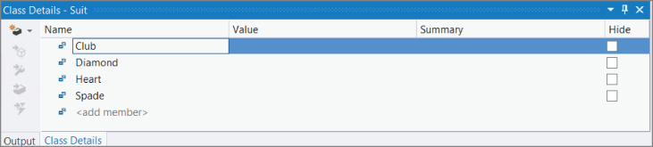 Screenshot illustration showing the values that are required, after adding the members of the enumeration using the Class Details window.