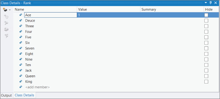 Screenshot illustration showing the values that are required, after adding the Rank enumeration from the Toolbox using the Class Details window.