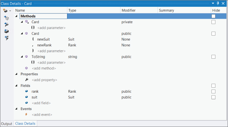 Screenshot illustration showing the Class Details window and the Card class with all the information entered.