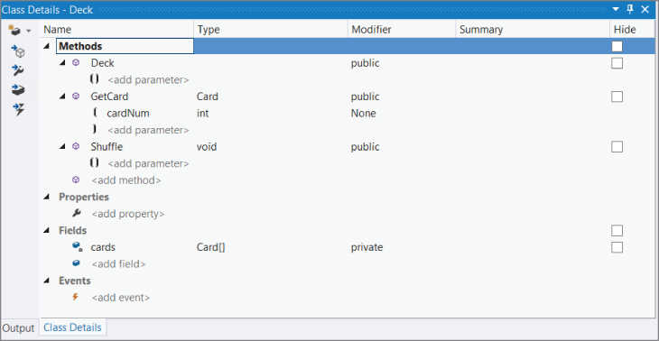 Screenshot illustration of the appearance of the Class Details window for the Deck class by adding the members and types in the class diagram.