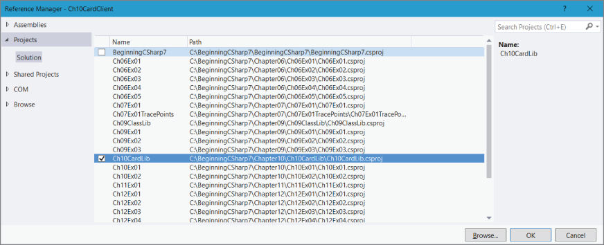 Screenshot illustration of the Reference Manager dialog box for the new Console App project called the Ch10CardClient.