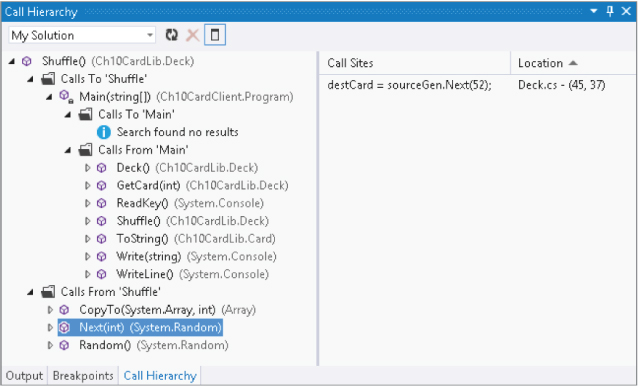 Screenshot illustration of the appearance of the call hierarchy window, which has some regions expanded.