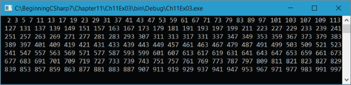 Screenshot illustration of the result of executing a new console application called Ch11Ex03 and save it in the directory C:\BeginningCSharp7\Chapter11.