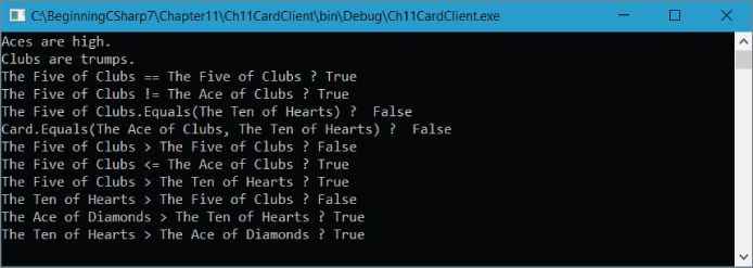 Screenshot illustration of the results of placing the client code in Ch11CardClient\Program.cs in the Main() method of a client project for testing.