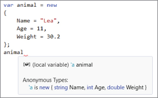 Screenshot illustration showing that the IDE detects the anonymous-type definition and updates IntelliSense accordingly.