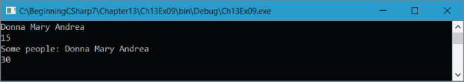 Screenshot illustration of running the application called Ch13Ex09 and save it in the directory C:\BeginningCSharp7\Chapter13.