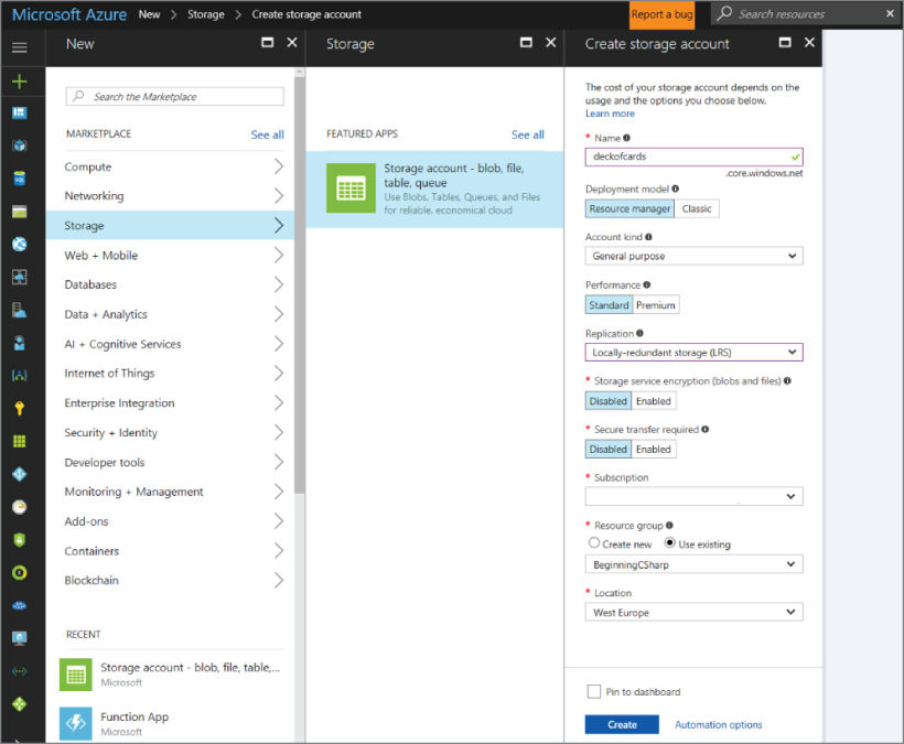 Screenshot illustration of a display window after accessing the Microsoft Azure Portal and clicking on the + New menu item, then Storage and then Storage account &#8211; blob, file, table, queue.