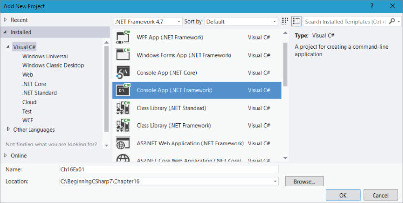 Screenshot illustration showing the New Project dialog box after selecting the category Visual C# and then selecting the Console App (.NET Framework) template.