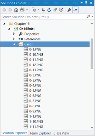 Screenshot illustration of adding a directory named Cards to the project by right-clicking on Ch16Ex01&#10154; Add...&#10154; NewFolder and adding the 52 card images to the directory.