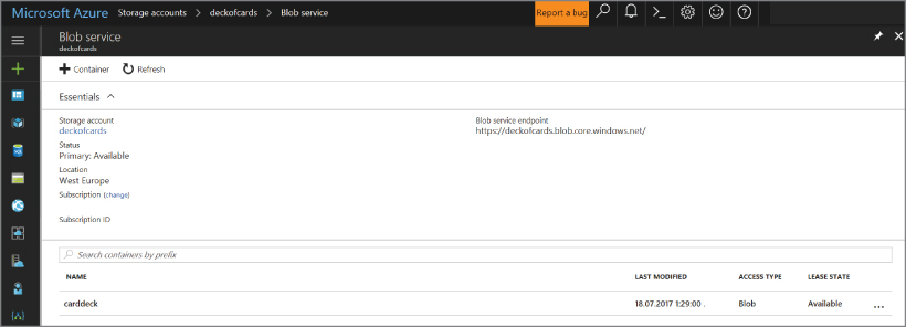 Screenshot illustration of accessing the Microsoft Azure management console and looking on the container page for the newly created container named &#8221;carddeck.&#8221;