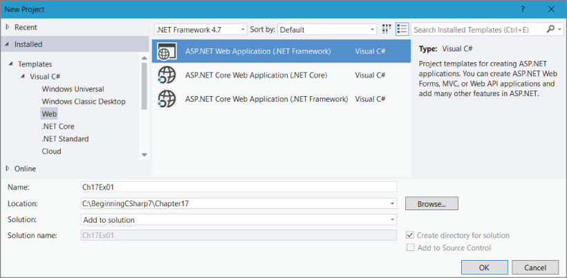 Screenshot illustration showing the New Project dialog box after selecting File&#10154; New &#10154; Project within Visual Studio to create a new ASP.NET Web API.