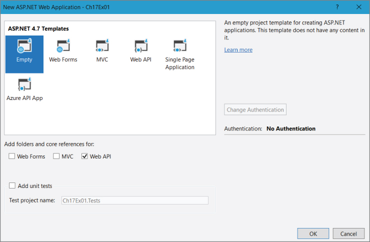 Screenshot illustration showing the next step of clicking on the Empty ASP.NET 4.7 Template and checking the Web API checkbox, so required folders and core references are added to the project.