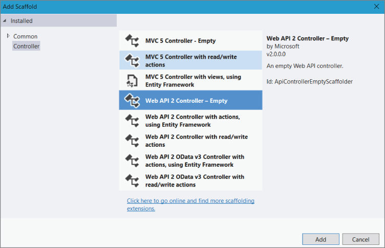 Screenshot illustration showing the next step of adding a controller by right-clicking on the Controllers folder, selecting&#10154; Add&#10154;Controller..., and selecting Web API 2 Controller - Empty...&#10154; Add.