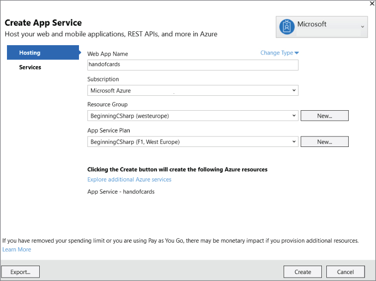 Screenshot illustration of selecting a new Resource Group, selecting an App Service Plan or creating a new one, and finally clicking the Create button.