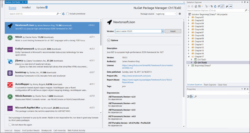 Screenshot illustration of a display to right-click on the Ch17Ex02 project and select Manage NuGet Packages to install the Newtonsoft.Json libraries used for parsing the JSON file.